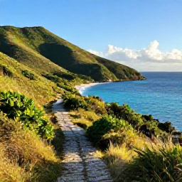 Caribbean Holidays, August Walking Holidays, A scenic coastal walking trail on Tortola in the British Virgin Islands, with green hills, turquoise sea and warm August sunlight