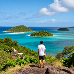 Caribbean Holidays, August Walking Holidays, A walker looking across the turquoise waters and small green islands of the Grenadines from a hillside viewpoint, realistic travel photograph