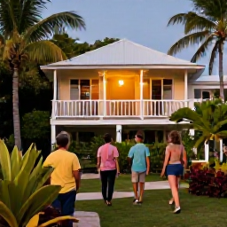 Caribbean Holidays, August Walking Holidays, Friendly travellers relaxing at a Caribbean guesthouse after a day's walk, with tropical garden and evening light