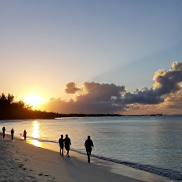 Caribbean Holidays, August Walking Holidays, Golden sunset over Grace Bay in Turks and Caicos, with walkers silhouetted on the shoreline and calm turquoise water