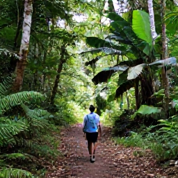 Caribbean Holidays, August Walking Holidays, Guided hikers on a shaded forest path in the Northern Range of Trinidad, surrounded by tropical greenery