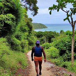 Caribbean Holidays, August Walking Holidays, Hikers crossing a nature trail on Tobago, with rainforest, coastal scenery and calm turquoise water in the background