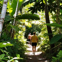 Caribbean Holidays, August Walking Holidays, Hikers following a forest trail through Virgin Islands National Park on St John, surrounded by tropical vegetation and dappled sunlight