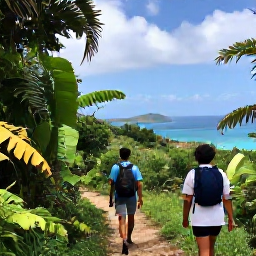 Caribbean Holidays, August Walking Holidays, Hikers following a peaceful trail through lush tropical vegetation on Tortola, with views across the British Virgin Islands