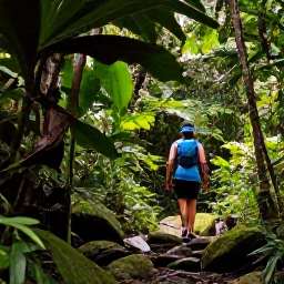 Caribbean Holidays, August Walking Holidays, Hikers walking beneath tropical rainforest on Saint Vincent, with broad leaves, mossy rocks and soft sunlight, realistic Caribbean travel photography