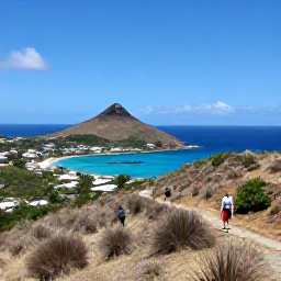 Caribbean Holidays, August Walking Holidays, Hikers walking through dry tropical hillside vegetation above a beautiful bay on Saint Martin, Caribbean island scenery