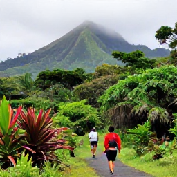 Caribbean Holidays, August Walking Holidays, Hikers walking through lush rainforest on Mount Liamuiga in Saint Kitts, with misty volcanic slopes and tropical plants