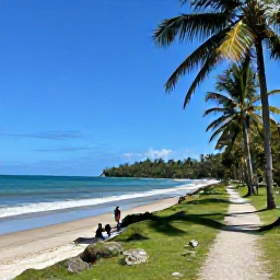 Caribbean Holidays, August Walking Holidays, Scenic coastal walking trail near a Trinidad beach, with palms, blue sea and walkers exploring the shoreline
