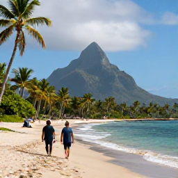 Caribbean Holidays, August Walking Holidays, Visitors walking along a quiet beach on Nevis with Nevis Peak in the background, palm trees and calm Caribbean water