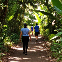 Caribbean Holidays, August Walking Holidays, Walkers following a shaded rainforest path in Dominica during August, surrounded by tropical plants and filtered sunlight