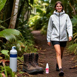 Caribbean Holidays, August Walking, Wet-season walking essentials beside a tropical trail in Saint Lucia, including sturdy boots, water bottle, light waterproof jacket and insect repellent