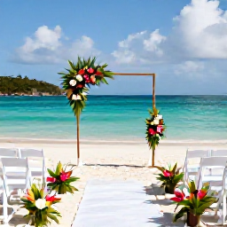 Caribbean Holidays, August Weddings, A beachfront wedding ceremony in Antigua with white chairs, tropical flowers, a simple arch and turquoise sea in the background