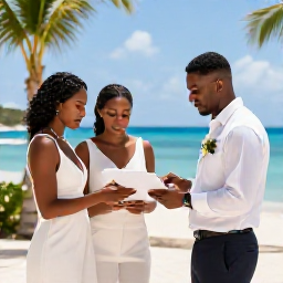 Caribbean Holidays, August Weddings, A couple meeting an Antigua wedding planner at a bright tropical resort, reviewing ceremony plans and weather arrangements