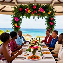 Caribbean Holidays, August Weddings, A happy wedding party enjoying a relaxed reception with tropical flowers, Caribbean food and sea views in Barbados