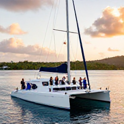 Caribbean Holidays, August Weddings, A happy wedding party enjoying a sunset catamaran cruise around Antigua, with sails, blue water and green coastline