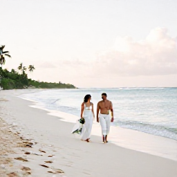 Caribbean Holidays, August Weddings, A newlywed couple walking along a quiet sandy beach in Barbados beneath soft morning light