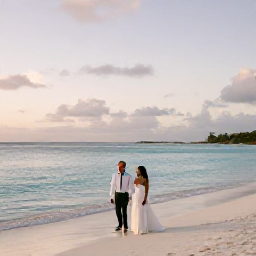 Caribbean Holidays, August Weddings, A newlywed couple walking along a quiet white-sand beach in Antigua at sunset, with calm turquoise water and soft evening light