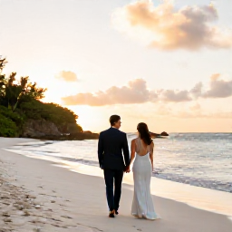 Caribbean Holidays, August Weddings, A newlywed couple walking hand in hand along a quiet white-sand beach in the British Virgin Islands at sunset