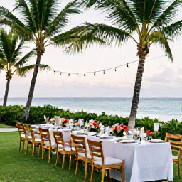 Caribbean Holidays, August Weddings, A relaxed Caribbean wedding dinner under palm trees, with string lights, tropical flowers and the sea beyond