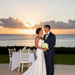 Caribbean Holidays, August Weddings, A smiling bride and groom enjoying a sunset wedding reception beside the Caribbean Sea on Saint Martin