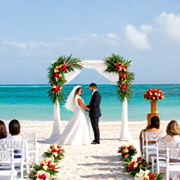 Caribbean Holidays, August Weddings, A stylish beach wedding ceremony in Barbados with white chairs, tropical flowers and the turquoise sea behind the couple