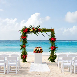 Caribbean Holidays, August Weddings, An elegant beachfront wedding ceremony in Sint Maarten with white chairs, tropical flowers and calm blue sea