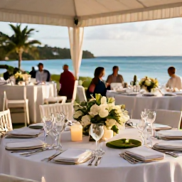Caribbean Holidays, August Weddings, An elegant open-air wedding reception at an Antigua resort, with tropical table decorations, candles and guests dining beside the sea