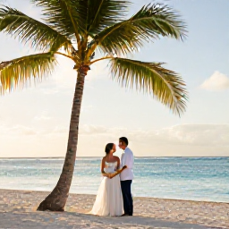 Caribbean Holidays, August Weddings, Bride and groom beside a palm-fringed beach in the Dominican Republic, warm August light and calm turquoise sea
