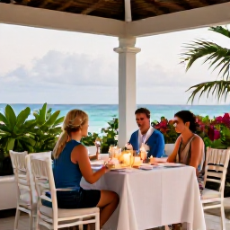 Caribbean Holidays, August Weddings, Bride and groom enjoying a relaxed wedding reception on a Saint Barth&eacute;lemy terrace, with tropical plants, sea views and candlelit tables