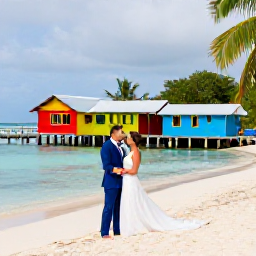 Caribbean Holidays, August Weddings, Bride and groom enjoying a wedding photo session at Pigeon Point in Tobago, with colourful beach huts, palms and turquoise water