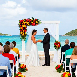 Caribbean Holidays, August Weddings, Bride and groom exchanging rings at a tropical beach wedding in the United States Virgin Islands, colourful flowers, guests under a shaded gazebo