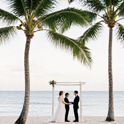 Caribbean Holidays, August Weddings, Bride and groom exchanging vows beside a calm Caribbean beach in August, with palm trees, soft sunlight and a simple tropical wedding setting