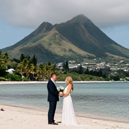 Caribbean Holidays, August Weddings, Bride and groom exchanging vows beside a quiet Caribbean beach on Montserrat in August, with volcanic hills and tropical greenery