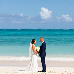 Caribbean Holidays, August Weddings, Bride and groom exchanging vows beside a turquoise sea on a sandy Bahamian beach in August
