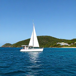 Caribbean Holidays, August Weddings, Bride and groom sailing on a clear blue sea between green British Virgin Islands with a small yacht nearby