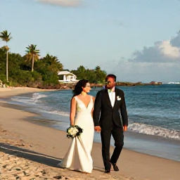 Caribbean Holidays, August Weddings, Bride and groom walking beside a tropical beach on Saint Kitts in warm August sunshine