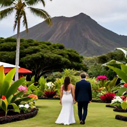 Caribbean Holidays, August Weddings, Bride and groom walking through a lush Martinique tropical garden with palm trees, colourful flowers and volcanic hills in the background
