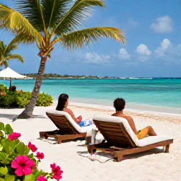 Caribbean Holidays, August Weddings, Caribbean honeymoon scene with newlyweds relaxing on loungers beside clear water, tropical flowers, palms and a peaceful resort setting