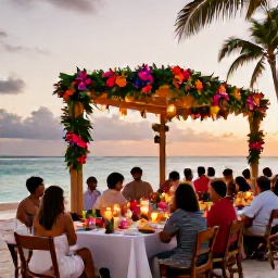 Caribbean Holidays, August Weddings, Colourful August wedding reception on a Dominican beach at sunset, tropical flowers, lanterns and guests dining outdoors
