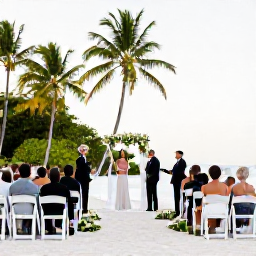 Caribbean Holidays, August Weddings, Elegant beach wedding ceremony in Tobago with white chairs, simple tropical flowers and guests beneath palm trees