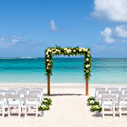 Caribbean Holidays, August Weddings, Elegant beach wedding ceremony with white chairs, tropical flowers and turquoise water on Tortola