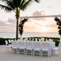 Caribbean Holidays, August Weddings, Elegant beach wedding reception with white chairs, tropical flowers and a sunset over the Bahamas