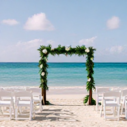 Caribbean Holidays, August Weddings, Elegant beachfront wedding ceremony in Providenciales with turquoise sea, white chairs and tropical greenery