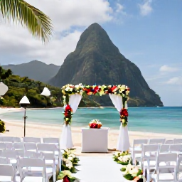 Caribbean Holidays, August Weddings, Elegant Caribbean beach wedding ceremony in Saint Lucia with white chairs, tropical flowers and turquoise sea