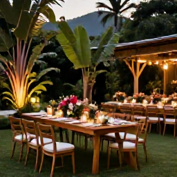 Caribbean Holidays, August Weddings, Elegant outdoor wedding reception in a Montserrat garden, with tropical flowers, simple tables and warm evening light