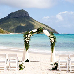 Caribbean Holidays, August Weddings, Elegant seaside wedding ceremony in St Thomas with white chairs, simple tropical flowers, blue Caribbean water and dramatic coastal hills