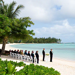 Caribbean Holidays, August Weddings, Elegant seaside wedding ceremony on a Martinique beach in August, with tropical greenery, calm turquoise water and a small gathering of guests