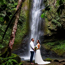 Caribbean Holidays, August Weddings, Happy couple exploring Saint Lucia rainforest and waterfall after their wedding, surrounded by tropical greenery