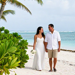 Caribbean Holidays, August Weddings, Happy newlyweds walking along a Caribbean beach after their August wedding, with tropical greenery, bright sea and relaxed holiday clothing