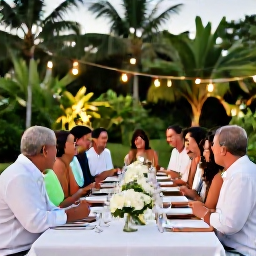 Caribbean Holidays, August Weddings, Happy wedding couple and family sharing a relaxed Caribbean reception dinner outdoors in Tobago, with tropical greenery and soft evening lights